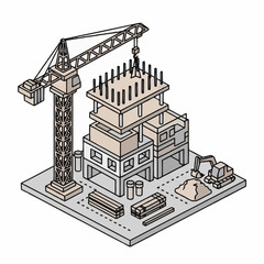 Naklejka premium Construction site with crane and building in progress isometric view.
