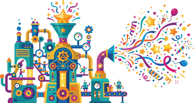 Vibrant whimsical illustration of a fantastical steampunk machine emitting colorful confetti and streamers