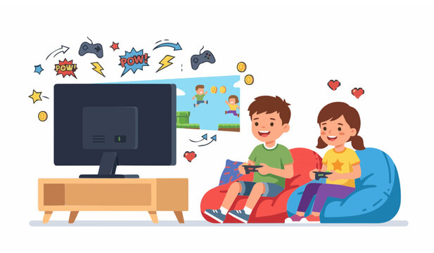 Happy children playing video games on TV sitting in beanbag chairs vector