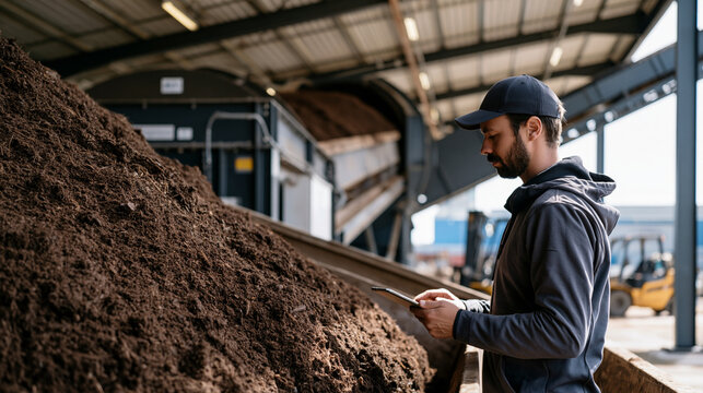 Industrial composting automation facility at operational scale, a rotating drum composter churning organic waste under a corrugated roof as a waste management technician checks