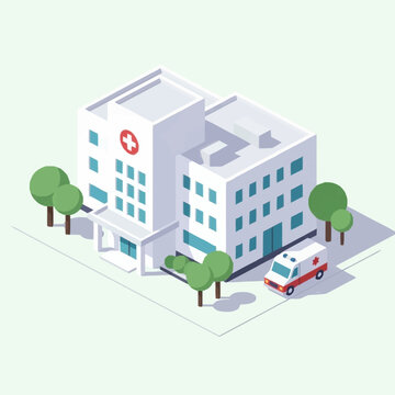 Modern Hospital Building with Ambulance and Trees Isometric View.
