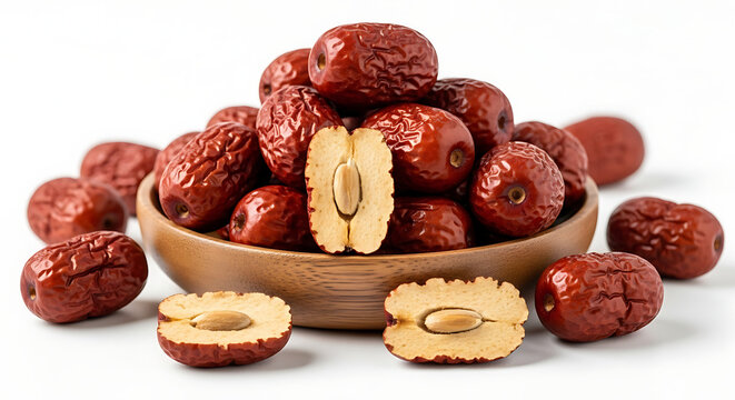 Organic dried red jujube berries and sliced unabi dates presented in a ceramic bowl on a clean white background, traditional Chinese medicinal fruit snacks for healthy nutrition and wellness.