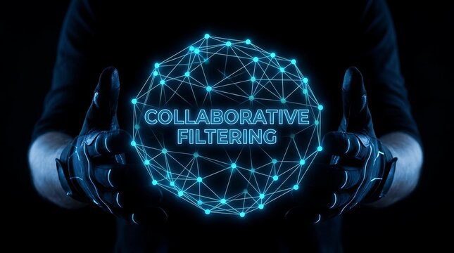 Futuristic Digital Network Sphere with Collaborative Filtering Text.