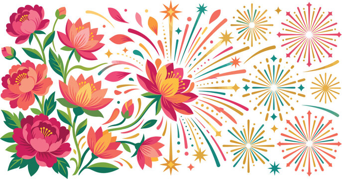 Vibrant floral fireworks illustration with colorful blooms and explosive patterns on white background