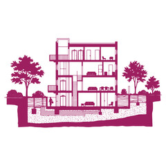 Naklejka premium Modern house interior section with furniture and trees isolated on transparent background