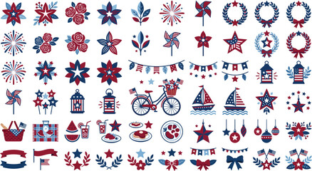 Obraz premium Patriotic icons and symbols for independence day or fourth of july celebrations in red white and blue colors