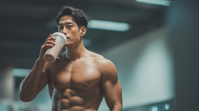 プロテインドリンクを飲むマッチョな男性