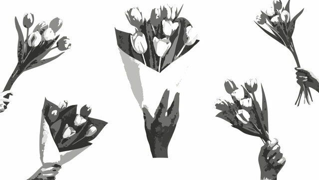 hand holding tulip bouquet black and white