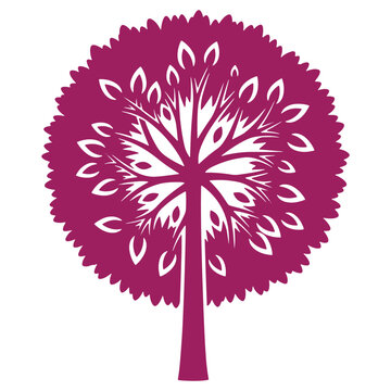 Vibrant purple tree illustration with intricate leaf design isolated on a white background
