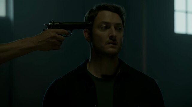 Man sitting with gun pointed at his head in dark room. Psychological thriller scene symbolizing danger, hostage situation, fear, crime, and life threatening tension