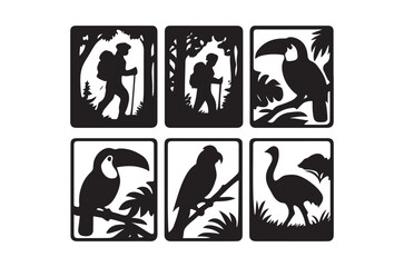 Obraz premium Animal And Hiker Silhouettes On White Background Black Vector Graphics