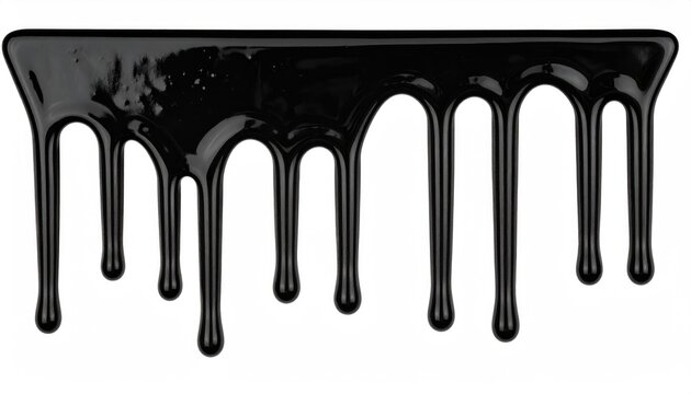 Glossy black liquid dripping in strings against a white background