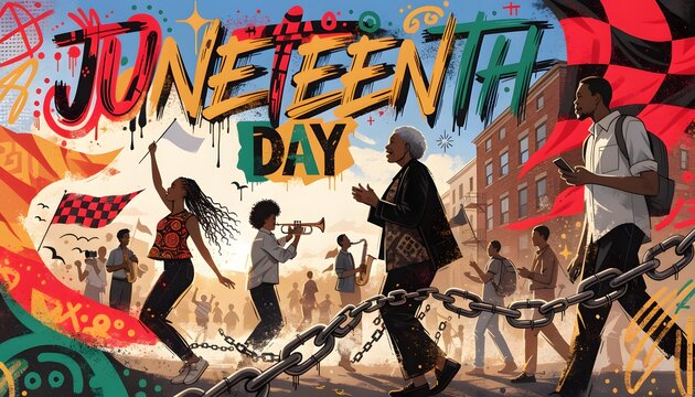 Group of People Celebrating Juneteenth Day with Colorful Graffiti Banner in Urban Setting