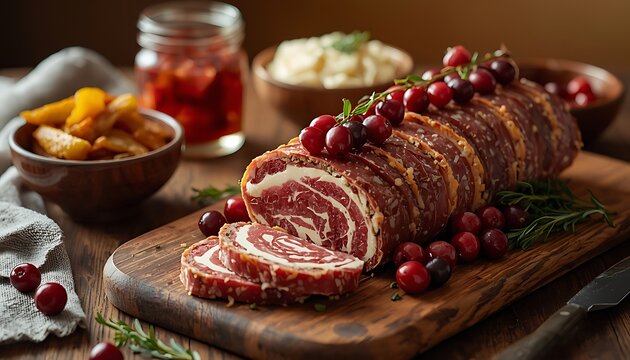 A beautifully prepared rolled beef joint garnished with fresh cranberries and rosemary rests on a wooden board surrounded by holiday side dishes and drinks
