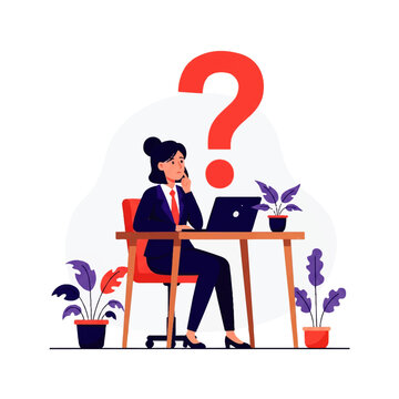 Vector flat design illustration of a thoughtful businesswoman pondering a question mark while working at her desk