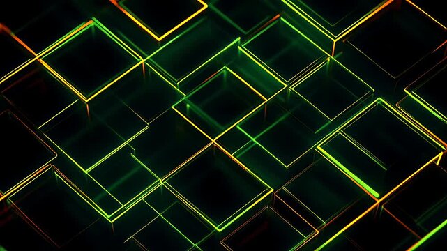 Abstract background with glowing green and yellow neon square lines and geometric shapes.