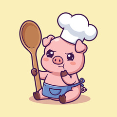 Fototapeta premium Cute Pig Chef Wearing Hat and Apron Holding Spoon Vector Illustration