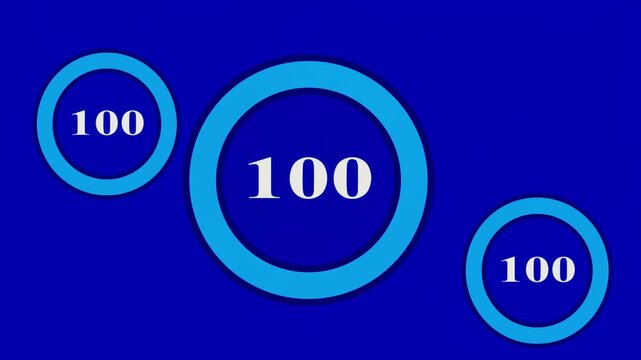 Three blue circles with the number one hundred inside each circle on blue background