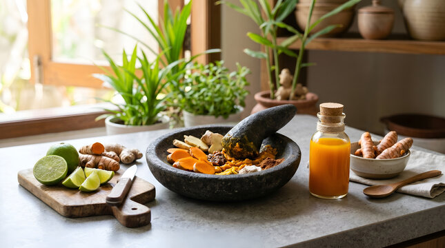 Turmeric ginger herbal drink preparation with mortar and pestle