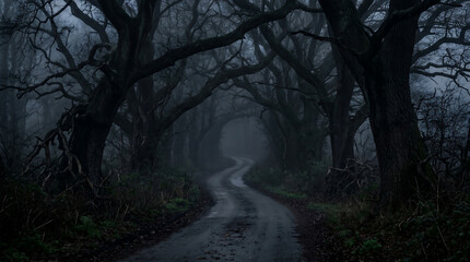 Fototapeta premium A lonely, eerie road winds through a dark, misty forest with gnarled trees