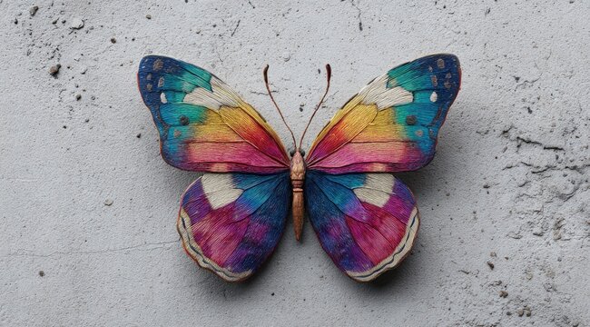 Vibrant butterfly with colorful, patterned wings rests on a textured, gray surface