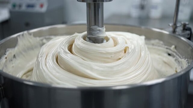Intermediate shot focusing on the precise mixing of creamy paste conditioners highlighting texture development in a controlled manufacturing environment