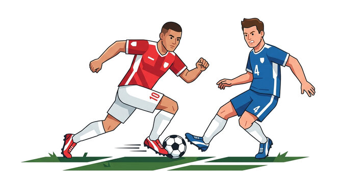 Flat 2D vector illustration. The attacker dribbles the ball past the opponent.