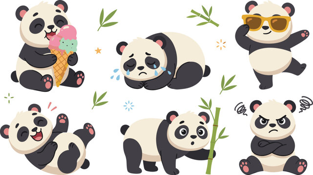 Cute Panda Cartoon Collection Featuring Eating Ice Cream Crying Dancing Sleeping and Funny Wildlife Character Expressions Vector Set