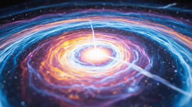 A vibrant glowing nebula swirls in the deep darkness of outer space