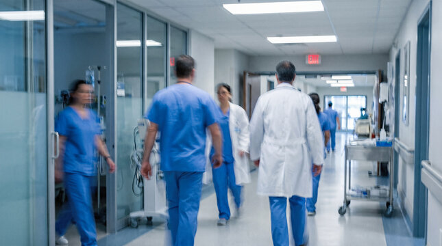 Motion blurred medical professionals wearing blue scrubs walking hurriedly down bright hospital corridor responding quickly to incoming critical patient emergency situation