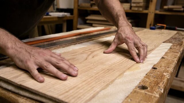 Medium shot captures the process of quartersawn wood veneers being backed and aligned highlighting distinctive linear grain patterns and woodworker techniques