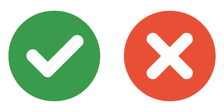 Checkmark right symbol and cross wrong sign set, green approval tick and red denial icon, modern UI flat vector symbols, isolated white background design.