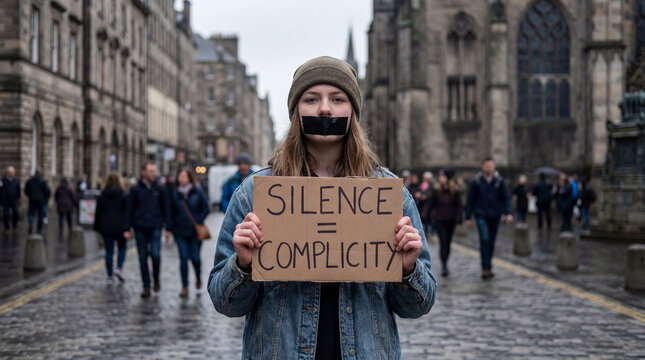 Young woman protester with taped mouth holds silence complicity sign on wet city street showing free speech censorship activism human rights civic courage social justice urban dissent