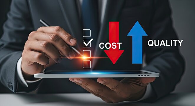 Businessman using tablet to manage business strategy of reducing costs while increasing service quality with business strategy management efficiency optimization improvement
