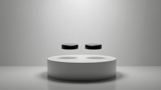 Minimalist choice concept backdrop featuring hovering cylinders on a symmetrical stage