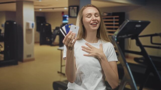 Woman holding a fan of creditcard with hand to chest, smiling by a treadmill and gym equipment inside building; delight.
