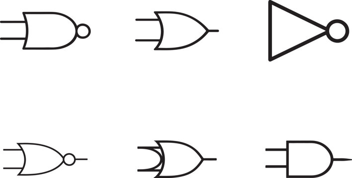 Logic gates icon set with digital electronics symbols for circuits, computing and engineering use.