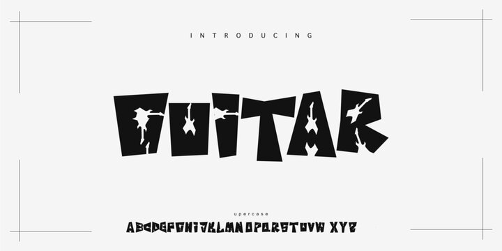 Guitar: A bold rock music display font. Heavy distortion blocky typeface with electric guitar negative space for band logos.