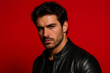 Obraz premium Man posing with leather jacket against red studio background