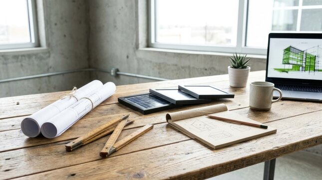 Architectural design desk with blueprints, solar panels, and laptop