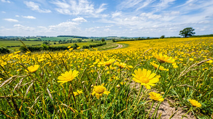 Obraz premium beautiful vibrant yellow wildflower field blossoming across rolling green countryside hills under bright clear blue sky featuring fluffy white summer clouds