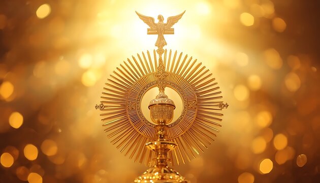 Close-up of golden monstrance with radiant light and bokeh