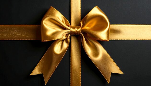 A close-up of a black gift box adorned with a shiny gold ribbon and bow