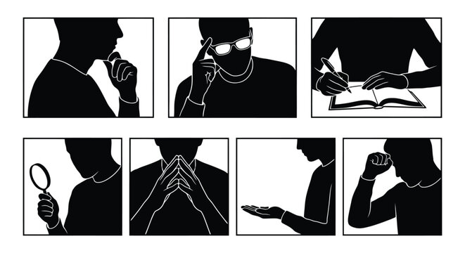 Set of silhouettes of a man in various thinking and working poses