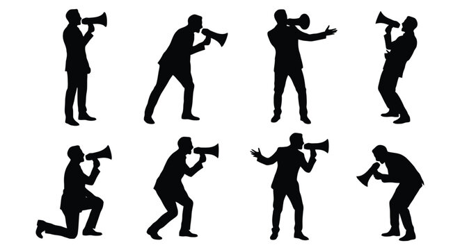 Set of business men silhouettes shouting into a megaphone