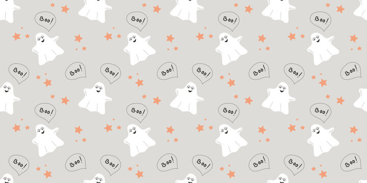 Spooky but cute seamless pattern with funny ghosts, boo speech bubbles, and stars. Halloween background textile wrapper design for kids and infants. Vector illustration isolated on grey.