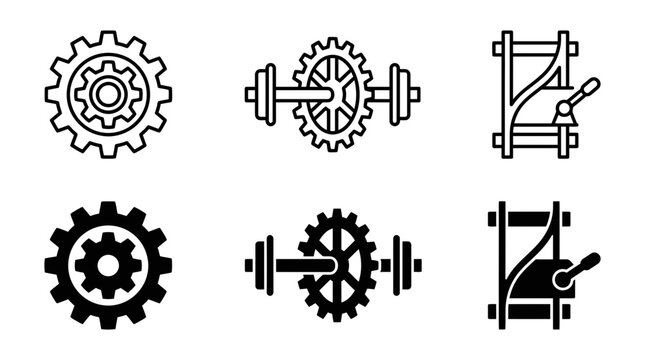 Industrial mechanical gear and railway switch icons with mechanical industry automation infrastructure