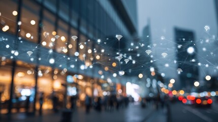 Obraz premium Business networking connection concept and Wi-Fi in city.Technology communication.Background blur building in the capital