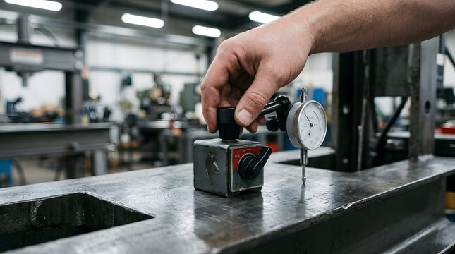 Using a dial indicator on magnetic base| Precision measurement in mechanical engineering| Industrial workshop quality control inspection| Technician hand adjusting measuring equipment