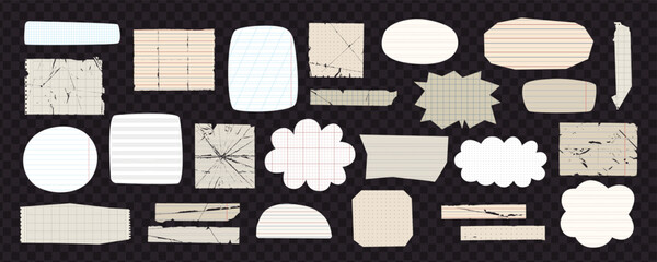 Obraz premium Collection of faded paper cutouts with place for text on a checkered background. Different lined papers. Cutout vintage old, damaged paper. Message, quote box. Piece, sheet of paper for notes.